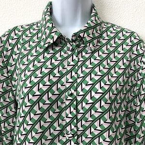 Zara, Geometric pattern in pink, green and black.  Long sleeve button down.